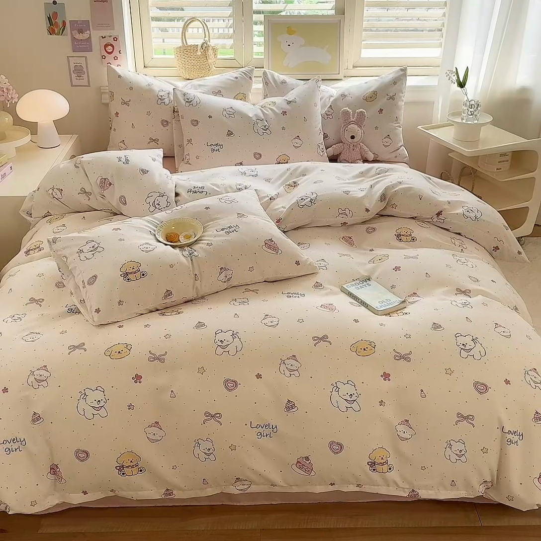 91家纺网 家纺一手货源 找家纺 多品家纺 2025新款ins风水洗棉学生宿舍三件套 蛋糕狗