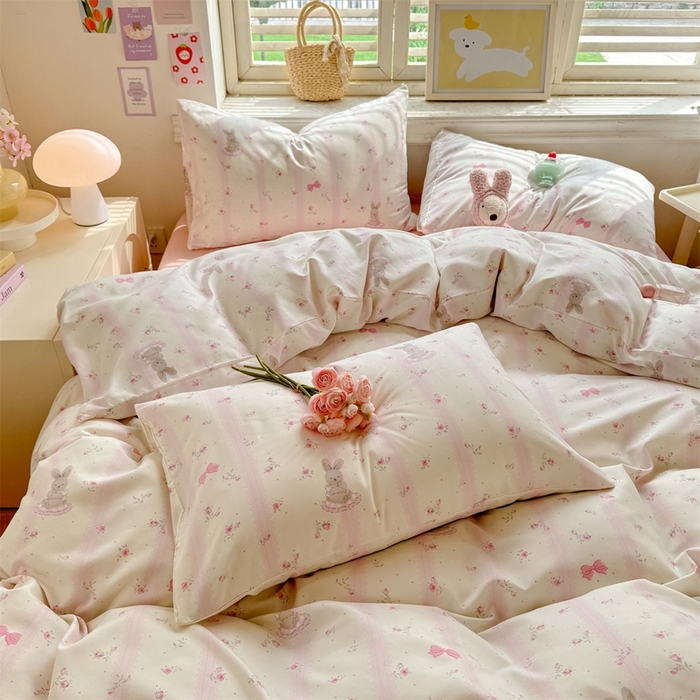 91家纺网 家纺一手货源 找家纺 多品家纺 2025新款ins风水洗棉学生宿舍三件套 兔斑比