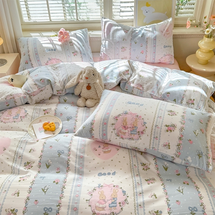 91家纺网 家纺一手货源 找家纺 多品家纺 2025新款ins风水洗棉学生宿舍三件套 兔兔庄园