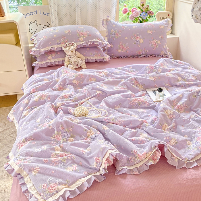 91家纺网 家纺一手货源 找家纺 大麦家纺 2025新款云感双层纱花边夏被四件套 浪漫满屋