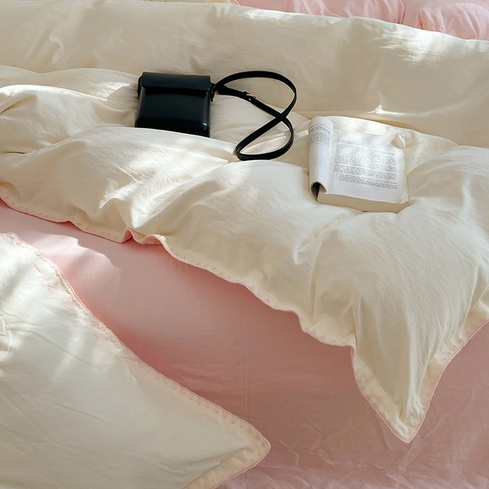 91家纺网 家纺一手货源 找家纺 思诺羽床笠 2025新款水洗棉贝壳边四件套系列 贝壳边+柠檬黄