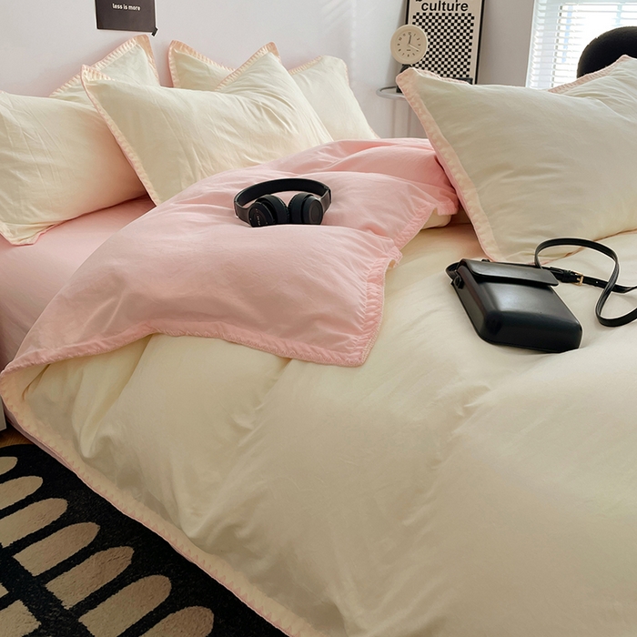 91家纺网 家纺一手货源 找家纺 思诺羽床笠 2025新款水洗棉贝壳边四件套系列 贝壳边+柠檬黄