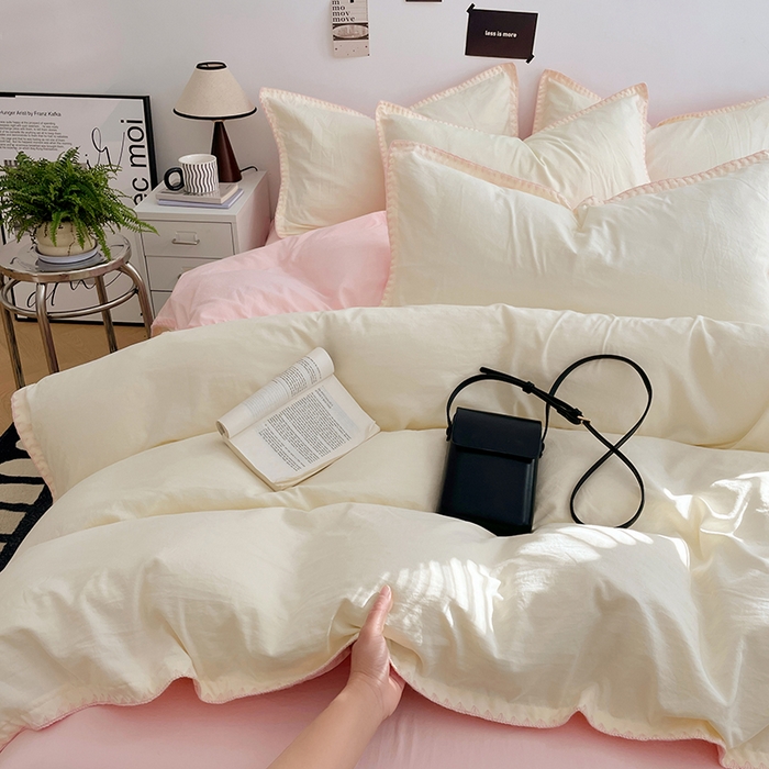 91家纺网 家纺一手货源 找家纺 思诺羽床笠 2025新款水洗棉贝壳边四件套系列 贝壳边+柠檬黄