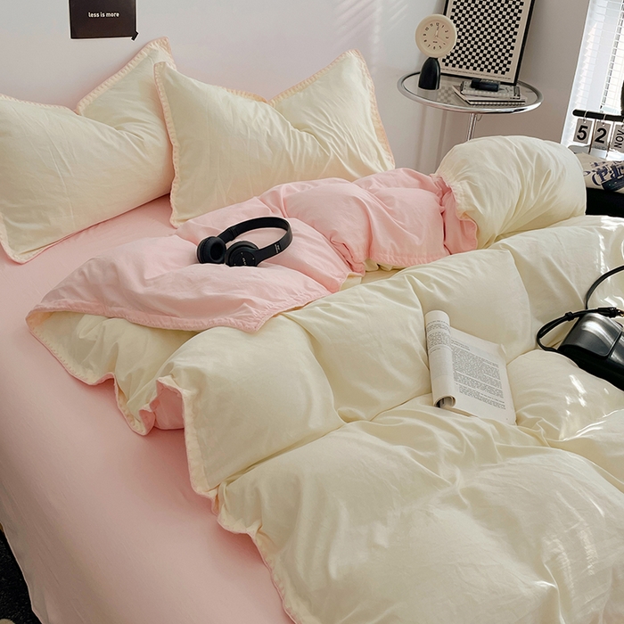 91家纺网 家纺一手货源 找家纺 思诺羽床笠 2025新款水洗棉贝壳边四件套系列 贝壳边+柠檬黄