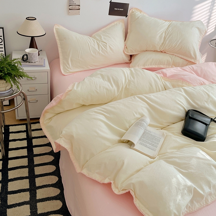 91家纺网 家纺一手货源 找家纺 思诺羽床笠 2025新款水洗棉贝壳边四件套系列 贝壳边+柠檬黄