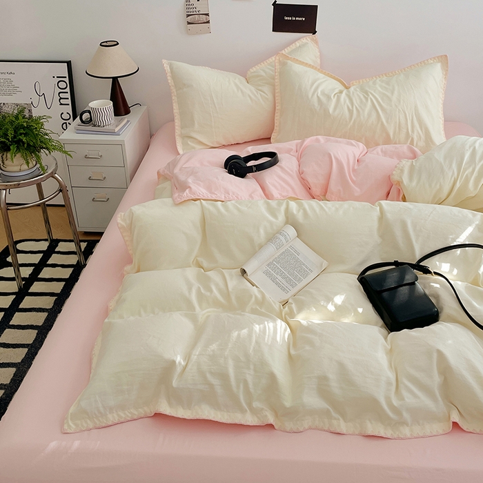 91家纺网 家纺一手货源 找家纺 思诺羽床笠 2025新款水洗棉贝壳边四件套系列 贝壳边+柠檬黄