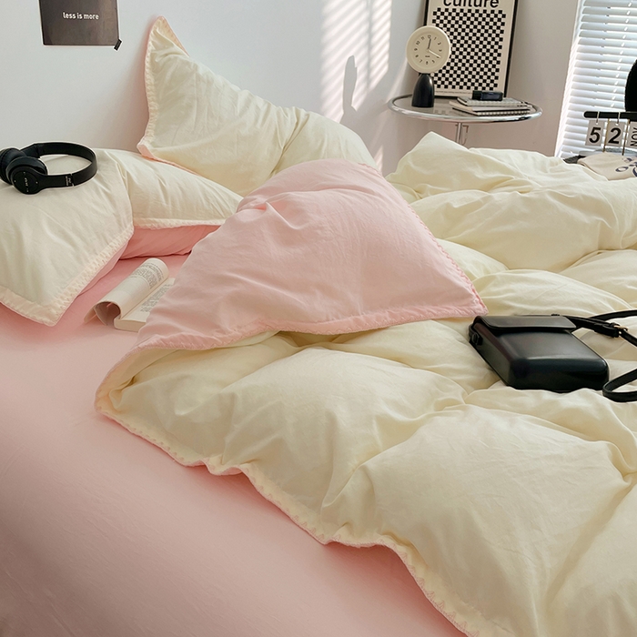 91家纺网 家纺一手货源 找家纺 思诺羽床笠 2025新款水洗棉贝壳边四件套系列 贝壳边+柠檬黄