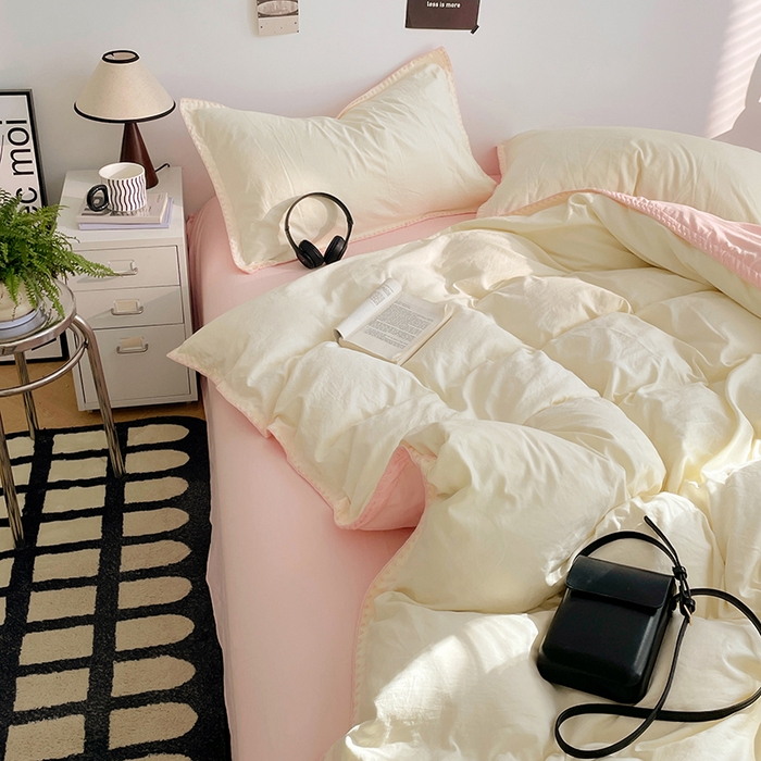 91家纺网 家纺一手货源 找家纺 思诺羽床笠 2025新款水洗棉贝壳边四件套系列 贝壳边+柠檬黄