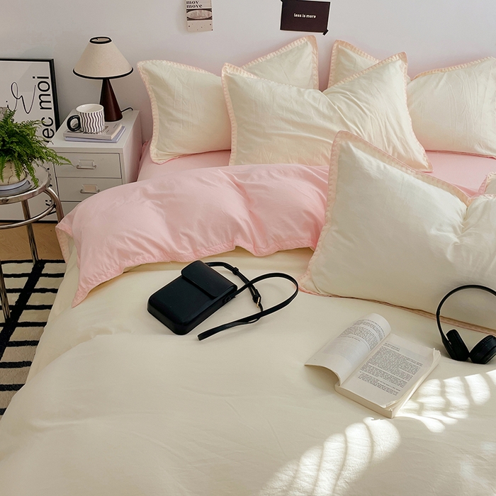 91家纺网 家纺一手货源 找家纺 思诺羽床笠 2025新款水洗棉贝壳边四件套系列 贝壳边+柠檬黄