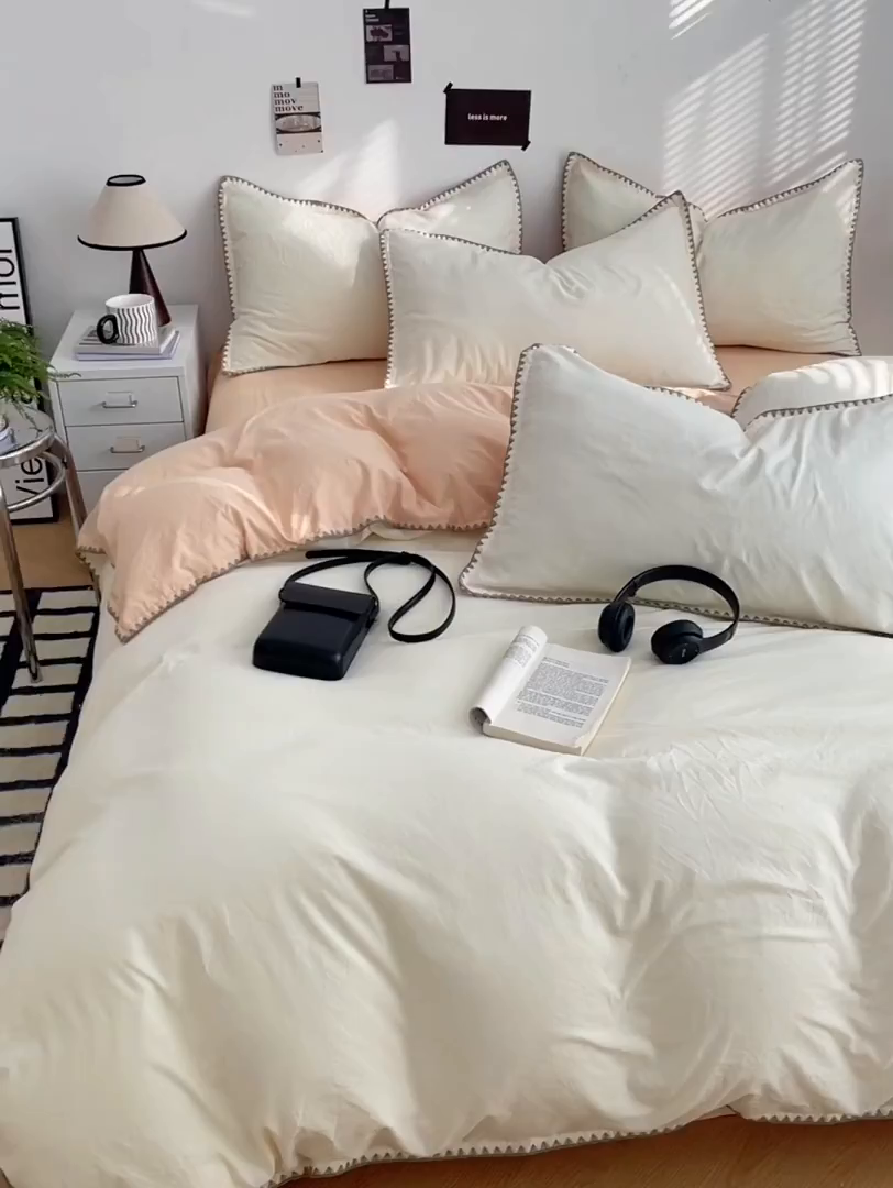 91家纺网 家纺一手货源 找家纺 思诺羽床笠 2025新款水洗棉贝壳边四件套系列 贝壳边+柠檬黄