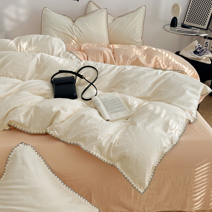 91家纺网 家纺一手货源 找家纺 思诺羽床笠 2025新款水洗棉贝壳边四件套系列 贝壳边-奶油黄+浅米咖