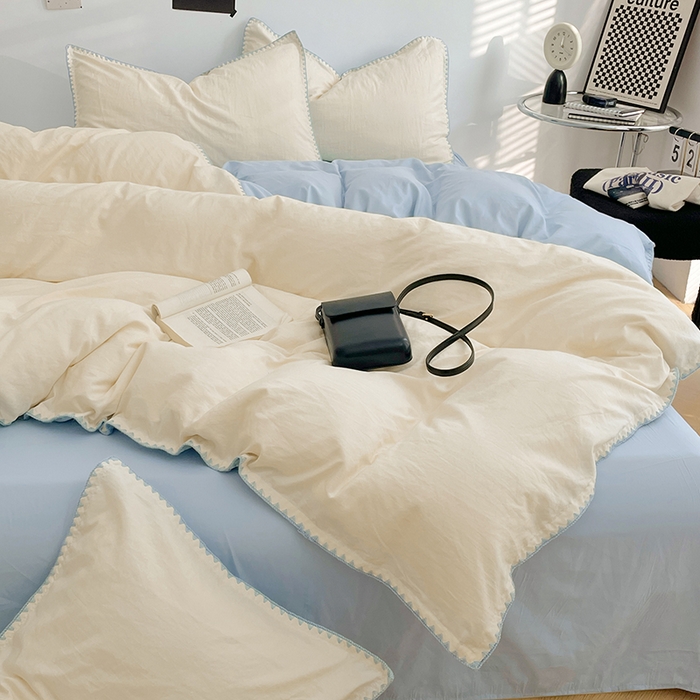 91家纺网 家纺一手货源 找家纺 思诺羽床笠 2025新款水洗棉贝壳边四件套系列 贝壳边+月光白+海盐蓝