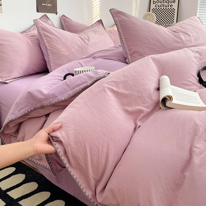 91家纺网 家纺一手货源 找家纺 思诺羽床笠 2025新款水洗棉贝壳边四件套系列 贝壳边-浅紫深紫