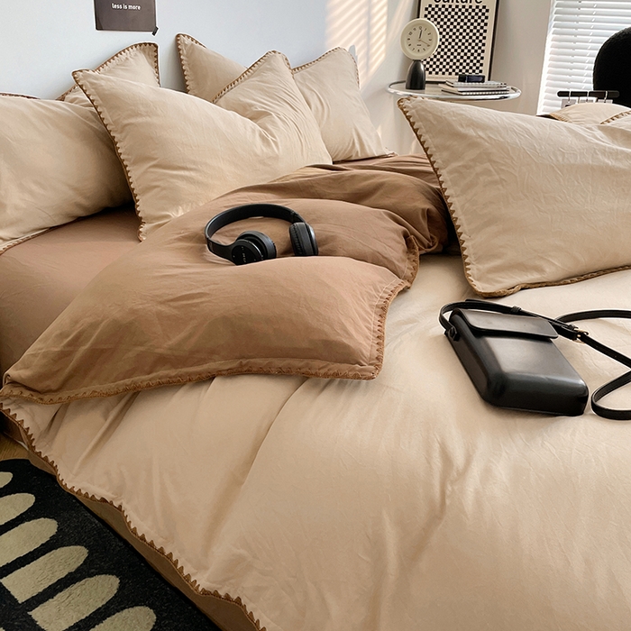 91家纺网 家纺一手货源 找家纺 思诺羽床笠 2025新款水洗棉贝壳边四件套系列 贝壳边+浅卡其+深咖