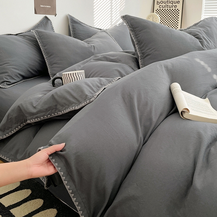 91家纺网 家纺一手货源 找家纺 思诺羽床笠 2025新款水洗棉贝壳边四件套系列 贝壳边+布鲁灰