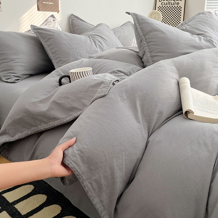 91家纺网 家纺一手货源 找家纺 思诺羽床笠 2025新款水洗棉贝壳边四件套系列 贝壳边+流光灰