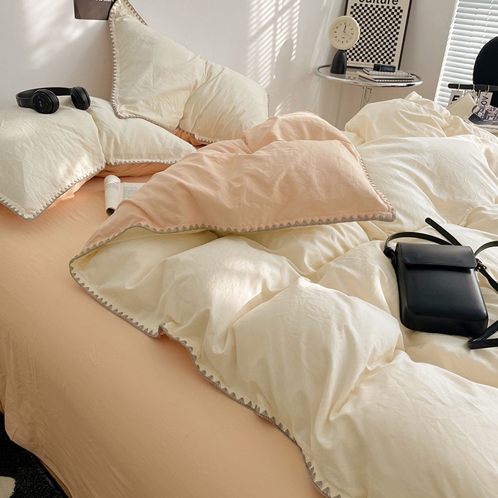 91家纺网 家纺一手货源 找家纺 思诺羽床笠 2025新款水洗棉贝壳边四件套系列 贝壳边-奶油黄+浅米咖