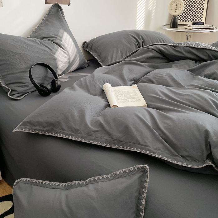 91家纺网 家纺一手货源 找家纺 思诺羽床笠 2025新款水洗棉贝壳边四件套系列 贝壳边+布鲁灰