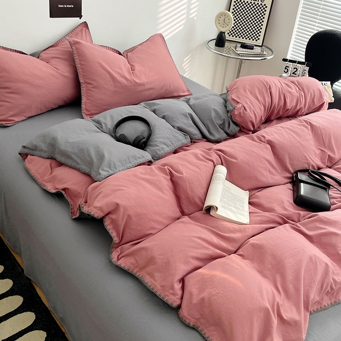 91家纺网 家纺一手货源 找家纺 思诺羽床笠 2025新款水洗棉贝壳边四件套系列 贝壳边-豆沙深灰