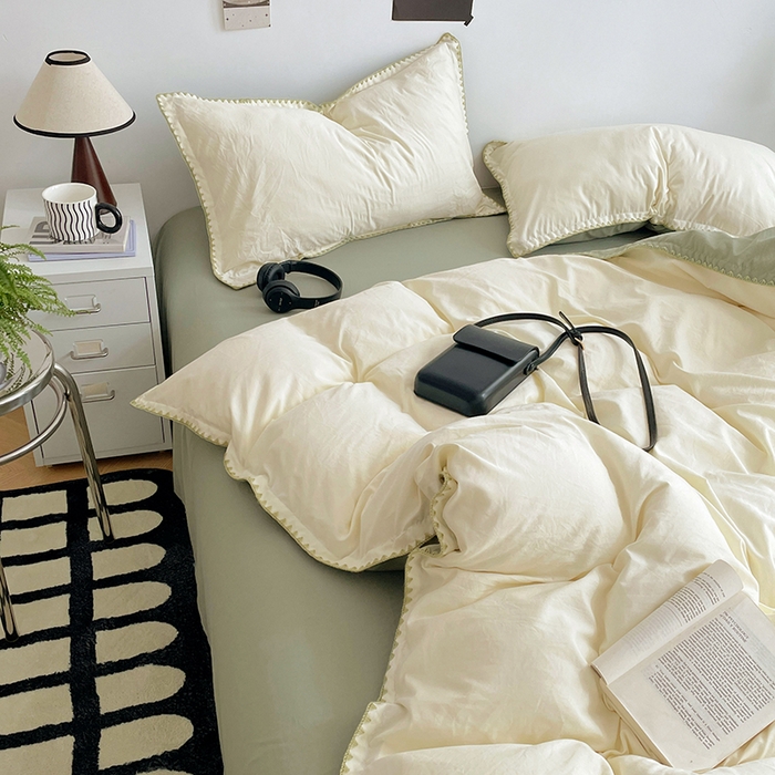 91家纺网 家纺一手货源 找家纺 思诺羽床笠 2025新款水洗棉贝壳边四件套系列 贝壳边-贝壳白+抹茶绿