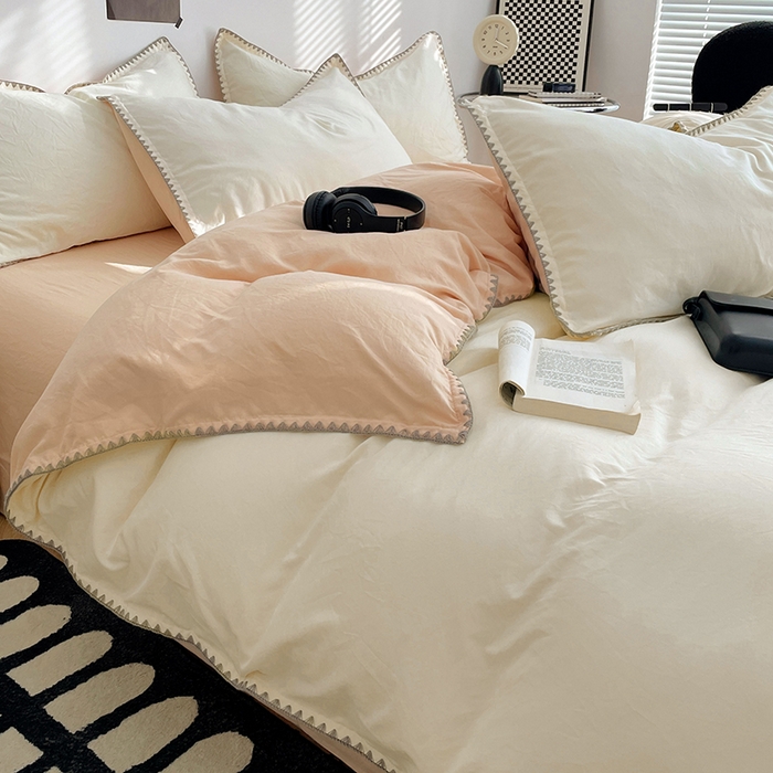 91家纺网 家纺一手货源 找家纺 思诺羽床笠 2025新款水洗棉贝壳边四件套系列 贝壳边-奶油黄+浅米咖