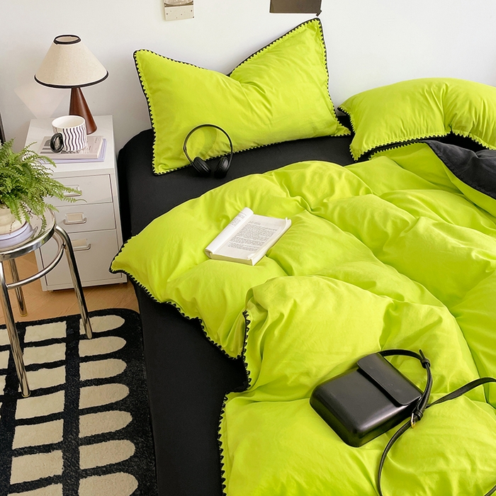 91家纺网 家纺一手货源 找家纺 思诺羽床笠 2025新款水洗棉贝壳边四件套系列 贝壳边+荧光绿+暗夜灰