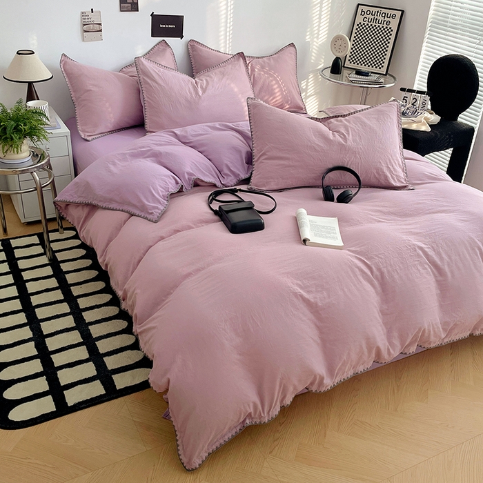 91家纺网 家纺一手货源 找家纺 思诺羽床笠 2025新款水洗棉贝壳边四件套系列 贝壳边-浅紫深紫