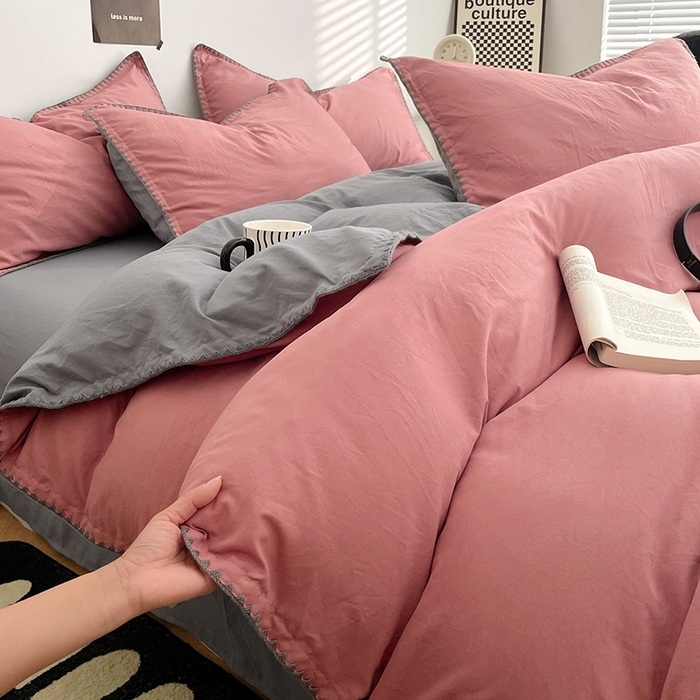 91家纺网 家纺一手货源 找家纺 思诺羽床笠 2025新款水洗棉贝壳边四件套系列 贝壳边-豆沙深灰