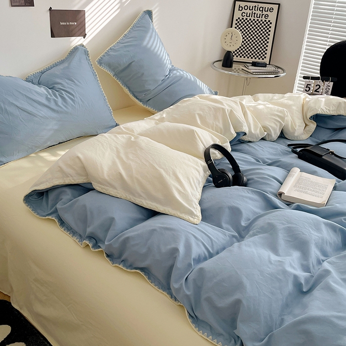 91家纺网 家纺一手货源 找家纺 思诺羽床笠 2025新款水洗棉贝壳边四件套系列 贝壳边-海盐蓝+奶油黄