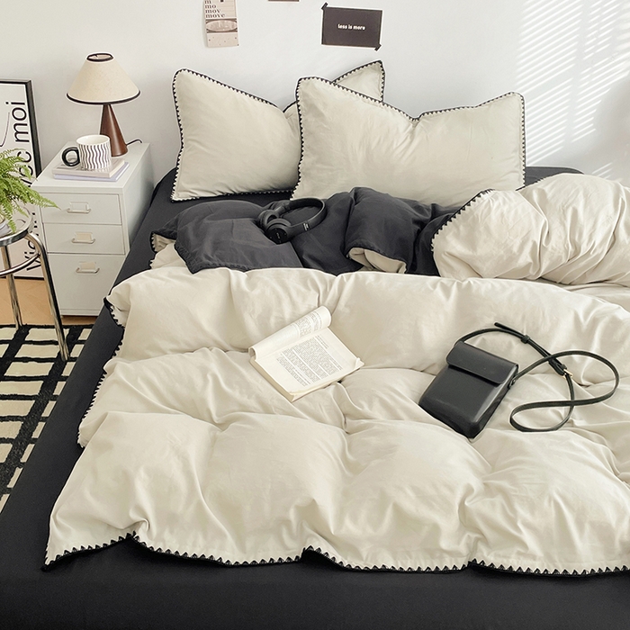 91家纺网 家纺一手货源 找家纺 思诺羽床笠 2025新款水洗棉贝壳边四件套系列 贝壳边+奶油白+暗夜灰