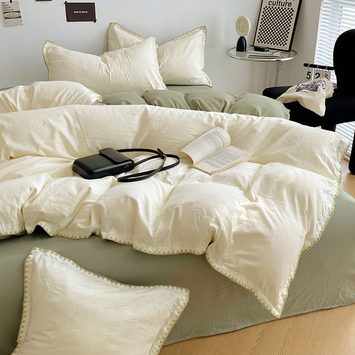 91家纺网 家纺一手货源 找家纺 思诺羽床笠 2025新款水洗棉贝壳边四件套系列 贝壳边-贝壳白+抹茶绿