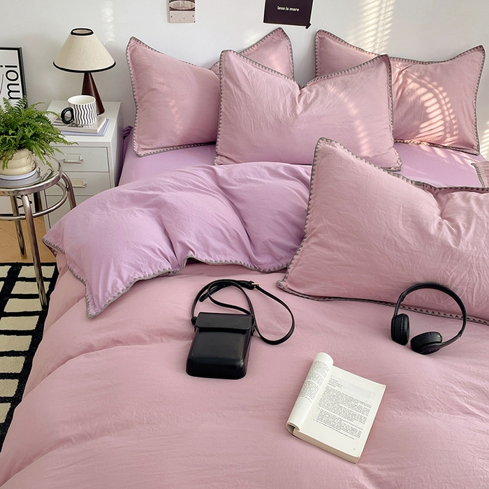 91家纺网 家纺一手货源 找家纺 思诺羽床笠 2025新款水洗棉贝壳边四件套系列 贝壳边-浅紫深紫