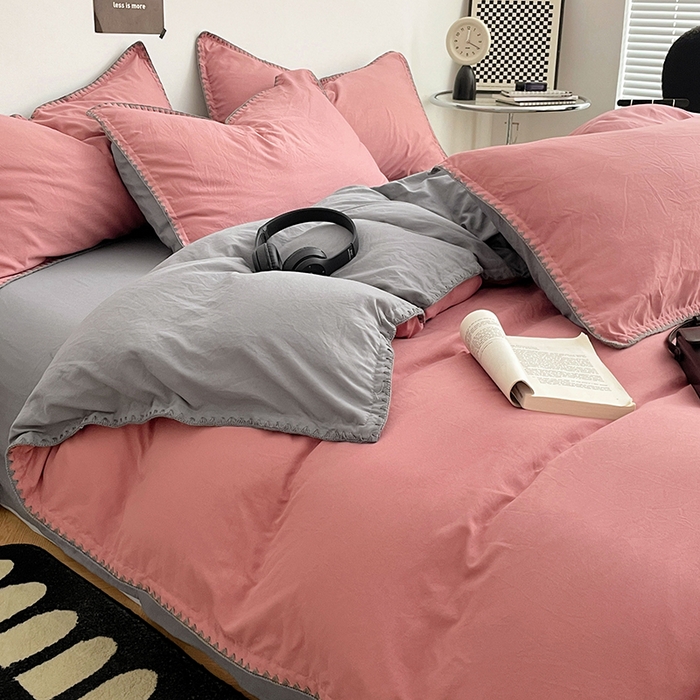 91家纺网 家纺一手货源 找家纺 思诺羽床笠 2025新款水洗棉贝壳边四件套系列 贝壳边-豆沙深灰