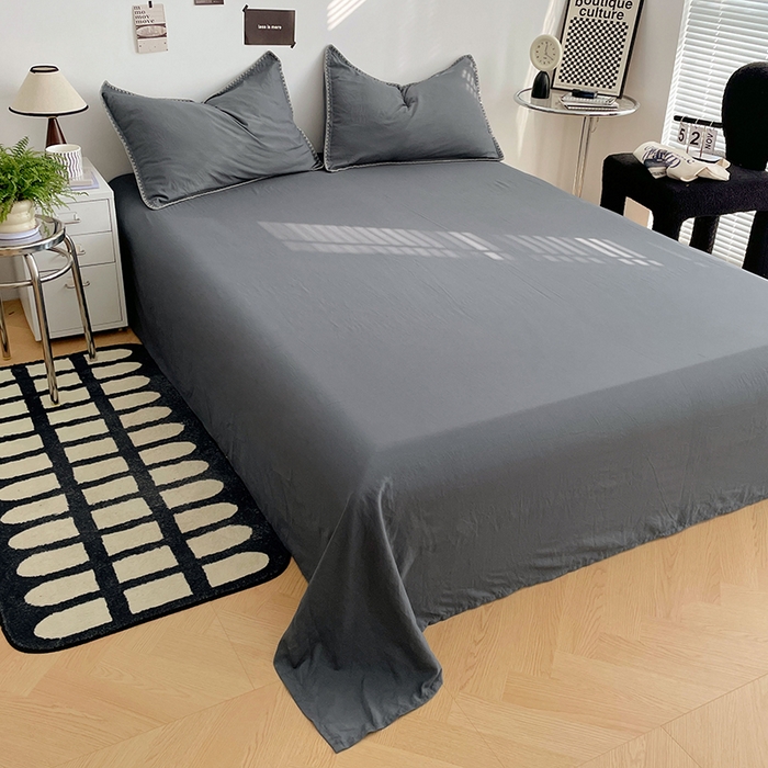 91家纺网 家纺一手货源 找家纺 思诺羽床笠 2025新款水洗棉贝壳边四件套系列 贝壳边+布鲁灰