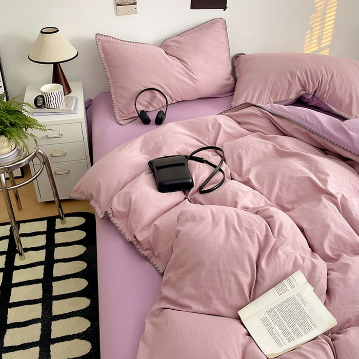 91家纺网 家纺一手货源 找家纺 思诺羽床笠 2025新款水洗棉贝壳边四件套系列 贝壳边-浅紫深紫
