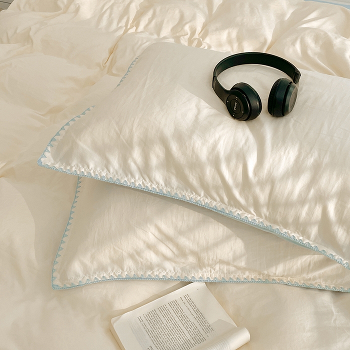 91家纺网 家纺一手货源 找家纺 思诺羽床笠 2025新款水洗棉贝壳边四件套系列 贝壳边+月光白+海盐蓝