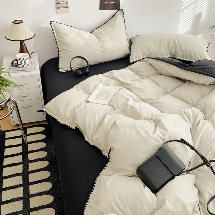 91家纺网 家纺一手货源 找家纺 思诺羽床笠 2025新款水洗棉贝壳边四件套系列 贝壳边+奶油白+暗夜灰