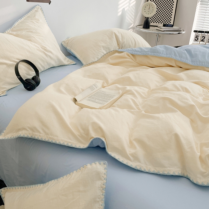 91家纺网 家纺一手货源 找家纺 思诺羽床笠 2025新款水洗棉贝壳边四件套系列 贝壳边+月光白+海盐蓝