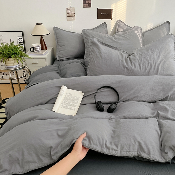 91家纺网 家纺一手货源 找家纺 思诺羽床笠 2025新款水洗棉贝壳边四件套系列 贝壳边+浅深灰