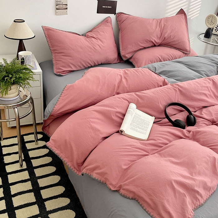 91家纺网 家纺一手货源 找家纺 思诺羽床笠 2025新款水洗棉贝壳边四件套系列 贝壳边-豆沙深灰