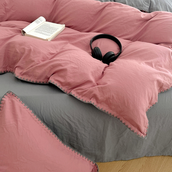 91家纺网 家纺一手货源 找家纺 思诺羽床笠 2025新款水洗棉贝壳边四件套系列 贝壳边-豆沙深灰