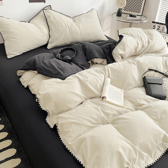 91家纺网 家纺一手货源 找家纺 思诺羽床笠 2025新款水洗棉贝壳边四件套系列 贝壳边+奶油白+暗夜灰