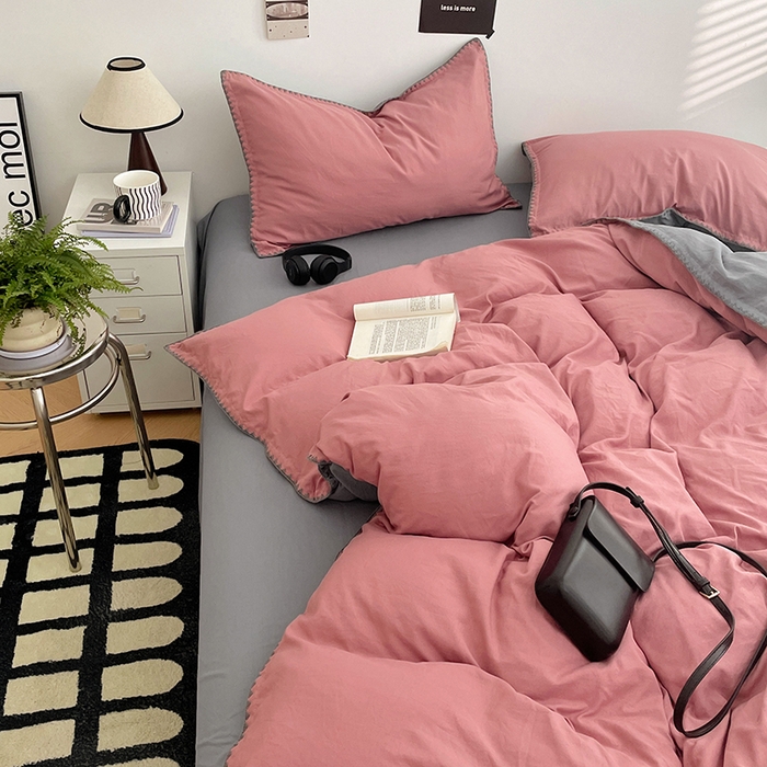 91家纺网 家纺一手货源 找家纺 思诺羽床笠 2025新款水洗棉贝壳边四件套系列 贝壳边-豆沙深灰