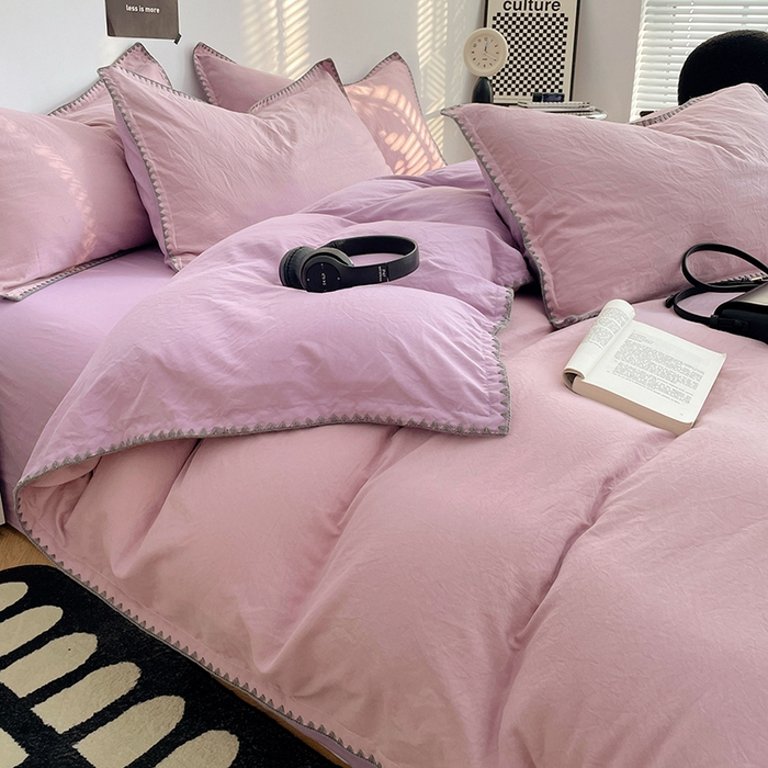 91家纺网 家纺一手货源 找家纺 思诺羽床笠 2025新款水洗棉贝壳边四件套系列 贝壳边-浅紫深紫