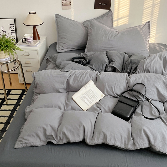 91家纺网 家纺一手货源 找家纺 思诺羽床笠 2025新款水洗棉贝壳边四件套系列 贝壳边+浅深灰