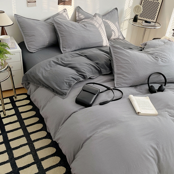 91家纺网 家纺一手货源 找家纺 思诺羽床笠 2025新款水洗棉贝壳边四件套系列 贝壳边+浅深灰