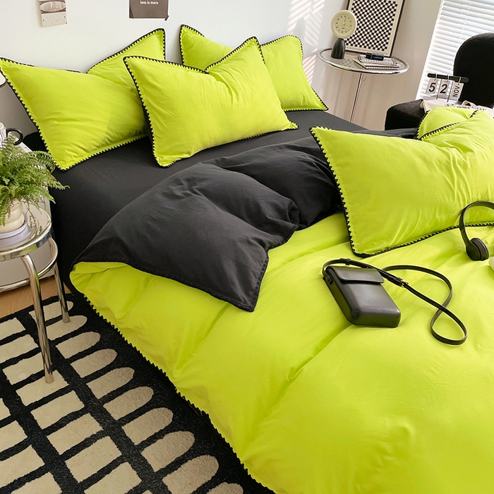 91家纺网 家纺一手货源 找家纺 思诺羽床笠 2025新款水洗棉贝壳边四件套系列 贝壳边+荧光绿+暗夜灰