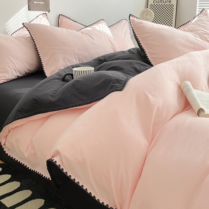 思诺羽床笠 2025新款水洗棉贝壳边四件套系列 贝壳边+浅粉黑