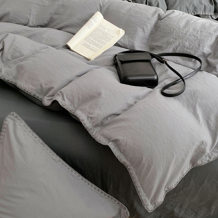 91家纺网 家纺一手货源 找家纺 思诺羽床笠 2025新款水洗棉贝壳边四件套系列 贝壳边+浅深灰