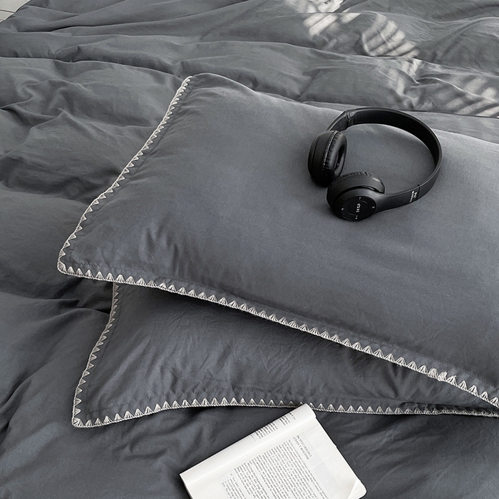 91家纺网 家纺一手货源 找家纺 思诺羽床笠 2025新款水洗棉贝壳边四件套系列 贝壳边+布鲁灰